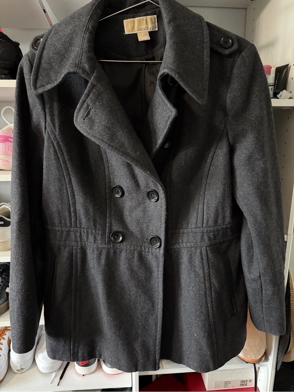 MICHAEL Michael Kors Black Double-Breasted Wool Blend Peacoat